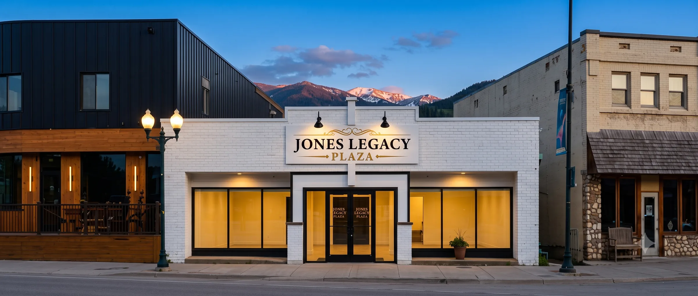 Jones Legacy Plaza storefront at dusk